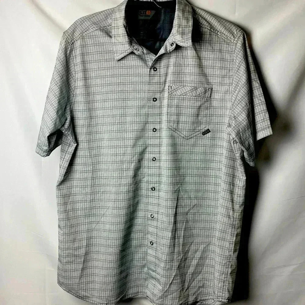 5.11‎ TACTICAL MENS SIZE MEDIUM SHIRT GRAY PLAID METAL SNAP BUTTON CLOSE CLEAN
